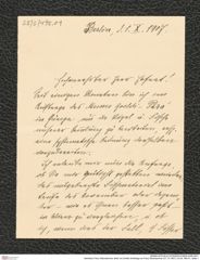 Nachlass Franz Steindachner, Brief von Emilie Snethlage an Franz Steindachner (01.10.1907), Inv.Nr. 495.01, Seite 1